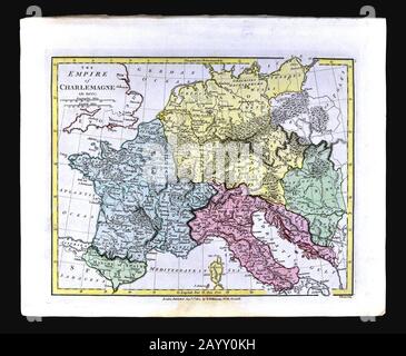 1808 Wilkinson Map Empire of Charlemagne in 800 AD Europe France Allemagne Italie Banque D'Images