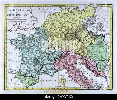 1808 Wilkinson Map Empire of Charlemagne in 800 AD Europe France Allemagne Italie Banque D'Images