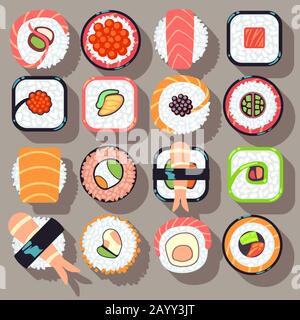 Sushi cuisine japonaise cuisine plat icônes vectorielles. Sushi nourriture et rouleau sushi icône fruits de mer illustration Illustration de Vecteur