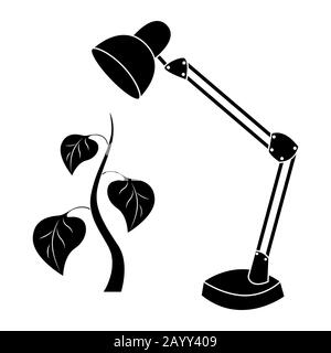 Le pochoir noir de la lampe de table chauffe et illumine une plante, concept écologique, isolé sur fond blanc, logo vectoriel icône Illustration de Vecteur