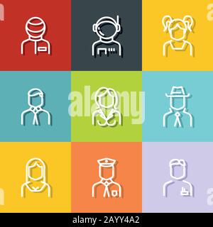 Avatars de personnes, personnel de personnages, professions de style en ligne sur fond de couleur. Illustration vectorielle Illustration de Vecteur