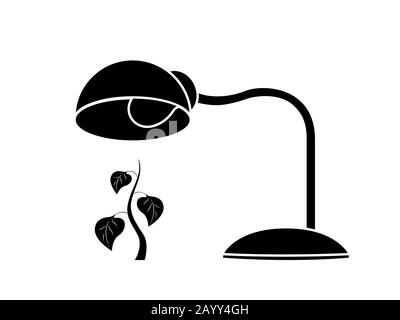 Le pochoir noir de la lampe de table chauffe et illumine une plante, le logo vectoriel icône, le concept écologique Illustration de Vecteur