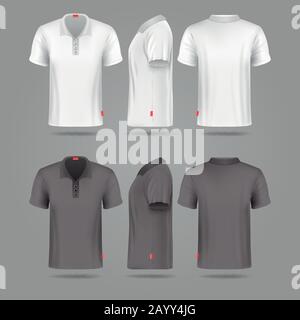 Polo noir blanc pour homme t-shirt devant vue arrière et latérale maquettes vectorielles. Modèle de t-shirt de mode pour l'illustration du sport Illustration de Vecteur