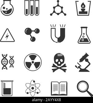 Ensemble d'icônes de vecteur de chimie. Science et chimie de la recherche, illustration de la chimie de l'étude avec microscope Illustration de Vecteur