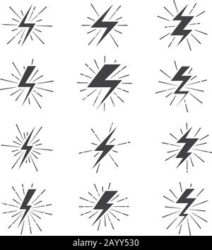 Panneaux rétro éclairs avec effet solaire. Jeu de panneaux d'éclairage et foudre électrique. Illustration vectorielle Illustration de Vecteur