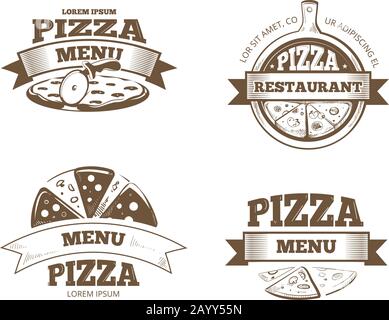 Menu pizza étiquettes vectorielles, logos, badges, emblèmes. Logo de la pizzeria italienne, emblème du restaurant avec illustration de la pizza Illustration de Vecteur