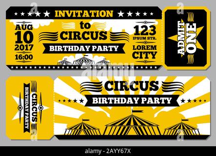 Billet pour le cirque carte d'anniversaire maquette vectorielle. Invitation à l'anniversaire, modèle d'invitation à l'illustration pour le cirque Illustration de Vecteur