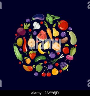 Fruits et légumes biologiques icônes d'aliments dans la conception de cercles. Aliments de fruits biologiques et illustrations de légumes et de fruits Illustration de Vecteur