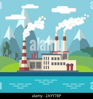 Usine industrielle plate écologie vecteur concept arrière-plan. Protection de l'environnement. Environnement écologique et puissance industrielle, pollution factore à l'illustration de la nature Illustration de Vecteur