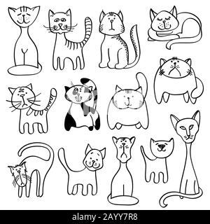 Animaux domestiques, chats mignons dans le style vectoriel de caniche. Gribouille d'animaux et jeu d'illustrations de chats Illustration de Vecteur