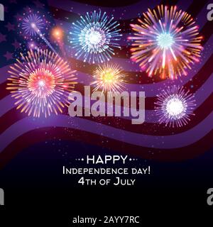 Affiche vectorielle de jour d'indépendance des États-Unis avec feux d'artifice. Célébration de l'indépendance et feu sur l'illustration de la journée de l'indépendance aux états-unis Illustration de Vecteur