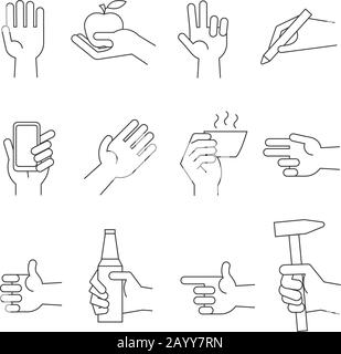 Icônes manuelles avec outils et autres objets. Dispositif de maintien de la main et ensemble de main de signe avec l'objet. Illustration vectorielle Illustration de Vecteur