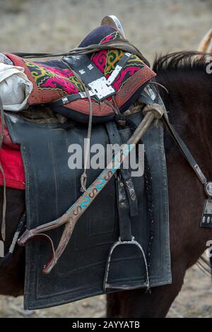 Cheval décoré en selle sur un cheval au parc du Golden Eagle Festival près de la ville d'Ulgii (Ölgii) dans la province de Bayan-Ulgii dans l'ouest de la Mongolie. Banque D'Images