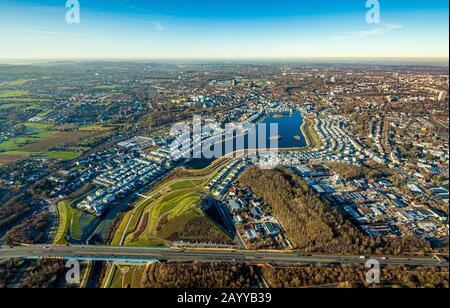 Photo aérienne, vue d'ensemble Phénixsee avec des rives développées et en partie sous des maisons de construction, Clarenberg, Dortmund, région de la Ruhr, Rhénanie-du-Nord-Westphalie, Banque D'Images