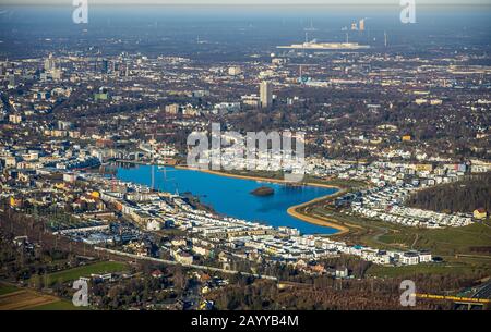 Photo aérienne, vue d'ensemble Phénixsee avec des rives développées et en partie sous des maisons de construction, Clarenberg, Dortmund, région de la Ruhr, Rhénanie-du-Nord-Westphalie, Banque D'Images