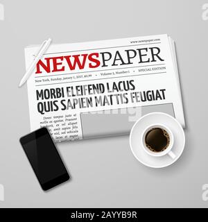 Concept vectoriel de News avec journal, cafetière, tasse et smartphone. Illustration du matin et boissons Illustration de Vecteur