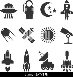 Icônes vectorielles spatiales et astronomiques. Fusées et satellites, planètes et panneaux vectoriels astronautes Illustration de Vecteur