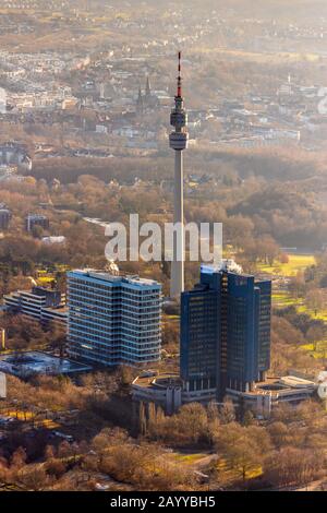 Photo aérienne, tour florian à Westfalenpark, Westnetz, gratte-ciel, Dortmund, région de la Ruhr, Rhénanie-du-Nord-Westphalie, Allemagne, DE, Europe, vue oiseaux-yeux, Banque D'Images