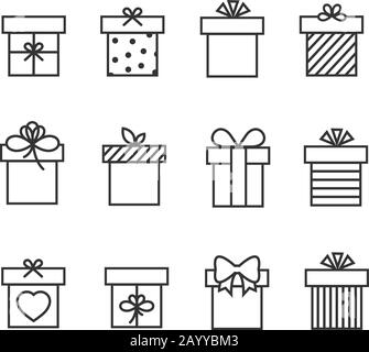 Boîtes cadeaux icônes vectorielles à lignes fines. Boîte pour cadeau et boîte cadeau de présentation dans le style linéaire Illustration de Vecteur