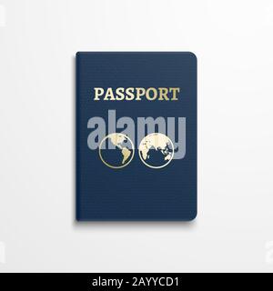 Passeport avec emblème de la terre du globe doré sur la couverture. Passeport pour identification, passeport isolé avec terre de signe. Illustration vectorielle Illustration de Vecteur