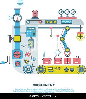 Machine industrielle robotisée abstraite, machines de style vectoriel plat. Illustration de robot de machines industrielles et technologie de machines de convoyeur Illustration de Vecteur