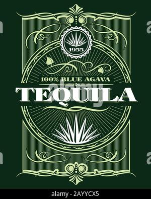 Étiquette de bouteille vectorielle de boisson à base de tequila d'alcool vintage. Autocollant ou affiche pour le téquila Illustration de Vecteur