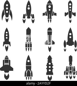 Roquette, vaisseau spatial, vaisseau spatial, icônes vectorielles de lancement de navette. Ensemble de fusée à vitesse et illustration du véhicule spatial à fusée Illustration de Vecteur