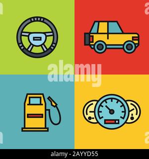 Les icônes de couleur de touriste de route en style ligne avec un trait noir sur fond de couleur. Illustration vectorielle Illustration de Vecteur