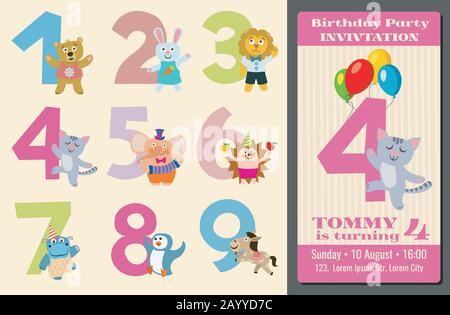 Numéros d'anniversaire pour enfants avec des animaux de dessin animé et une fête d'anniversaire carte d'invitation illustration vectorielle Illustration de Vecteur