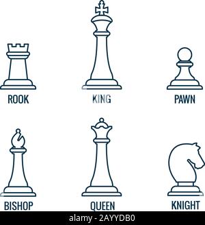 Pièces d'échecs dans des icônes vectorielles de ligne mince, roi et reine, évêque et rook, chevalier et pion. Jeu de figures pour échecs et illustration de pièces d'échecs Illustration de Vecteur