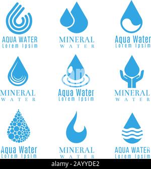 Logos bleus de gouttes d'eau, jeux de vecteurs d'icônes. Logo goutte liquide et illustration de la goutte d'eau minérale aqua Illustration de Vecteur