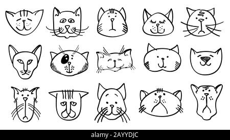 Têtes de chat mignons et dessinées à la main. Jeu d'animaux Cat et dessin d'esquisse Cat en style linéaire. Illustration vectorielle Illustration de Vecteur