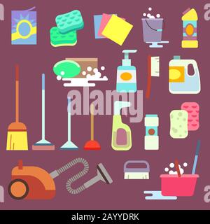 Nettoyage de l'équipement de nettoyage ou nettoyage des icônes plates vectorielles de service. Équipement pour le nettoyage domestique illustration vectorielle Illustration de Vecteur