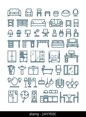 Meubles et lignes sanitaires fines icônes vectorielles. Mobilier intérieur icône et mobilier pour la cuisine et la salle de bains illustration Illustration de Vecteur