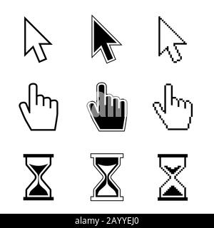 Pointeur de curseur de pixel, main, flèche, sablier, cliquer, appuyer sur les icônes vectorielles. Symbole du curseur, icône du curseur de la flèche vers la main de l'illustration du jeu Illustration de Vecteur