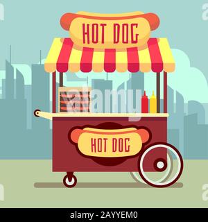 Chariot de vente automatique de nourriture de rue avec illustration vectorielle de hot-dogs. Kiosque urbain pour la vente de hot-dogs Illustration de Vecteur