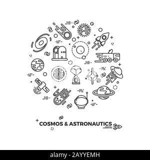 Planètes, espace et icônes vectorielles de fusée. Comet et astéroïde dans l'espace, voyage espace de vol illustration cosmique Illustration de Vecteur