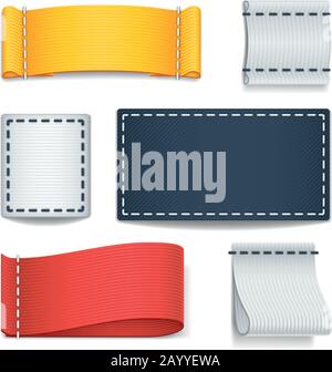Étiquettes en tissu blanc couleur réalistes, badges avec jeu de vecteurs de couture. Tissu d'étiquette avec couture, tissu d'étiquette d'illustration pour vêtements Illustration de Vecteur