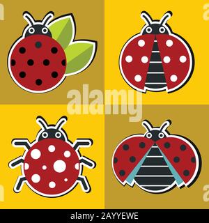 Icônes de coccinelle avec ombre noire en style plat sur fond jaune. Illustration vectorielle Illustration de Vecteur