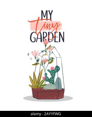 Mon petit devis de jardin avec une plante de terrarium dessinée à la main. Fleurs printanières et illustration de cactus avec l'abeille mignonne pour le concept typographique. Illustration de Vecteur