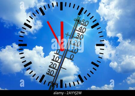 Le thermomètre mesure la température extrême de la chaleur, le changement climatique, l'horloge affichant 5 pour 12, composition, Allemagne Banque D'Images