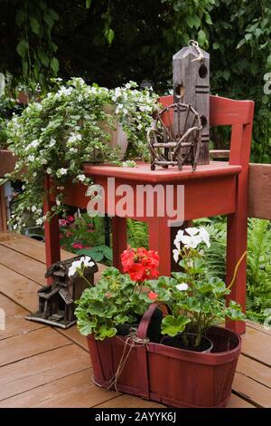 Panier à pélargonium rouge - Géraniums sur terrasse en bois brun et table décorée avec un semoir de fleurs de Bacopa blanches et de birdhouse sur terrasse. Banque D'Images