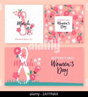 Carte de vœux internationale pour les femmes bannière collection de fleurs roses féminines avec 8 mars de date de fête. Femmes droits célébration floral desig Illustration de Vecteur