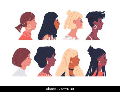 Diverses jeunes femmes sur fond blanc isolé. Des portraits de personnage de fille de dessin animé plat de différentes cultures et de différentes courses. Illustration de Vecteur