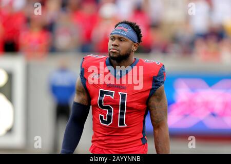 Houston, Texas, États-Unis. 16 février 2020. Houston Roughnecks linebacker Edmond Robinson (51) avant le match de la XFL en saison régulière contre les Battlehawks de St. Louis au stade TDECU à Houston, Texas, le 16 février 2020. Crédit: Erik Williams/Zuma Wire/Alay Live News Banque D'Images