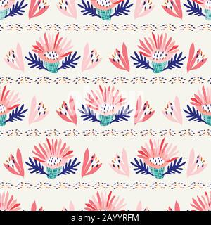 Motif Fleuri Rayé Peint À La Main Avec Motif Sans Couture Et Imprimé Fleurs D'Été Audacieux. Fond Pétale Bleu Classique À Fleurs Roses. Tissu Moderne À Motif Collage Et Coupe Brillante Illustration de Vecteur