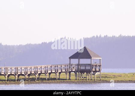 Gros plan du belvédère en bois à la réserve naturelle nationale Billy Frank Jr. Nisqually Banque D'Images