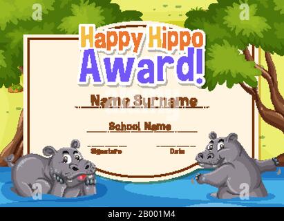 Modèle de certificat pour hippo heureux avec hippos dans l'illustration en arrière-plan Illustration de Vecteur