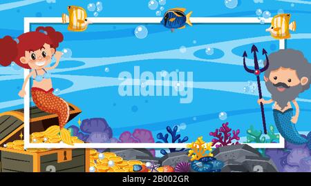 Cadre avec sirène et poisson nager dans l'illustration de la mer Illustration de Vecteur