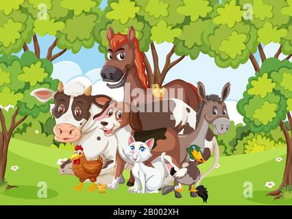 Scène avec de nombreux animaux sauvages dans l'illustration de la forêt Illustration de Vecteur